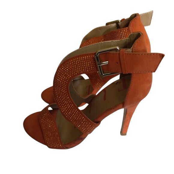 ELLE Women's Size 8 1/2 Open Toe Heels Beaded Ankle Strap Orange Buckle Closure - Picture 1 of 8